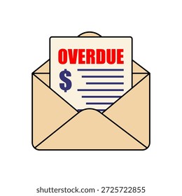 Aviso de factura vencida en un sobre. Concepto de deuda, estrés financiero, facturas impagadas o pagos atrasados. Diseño de Vector simple para temas económicos.


