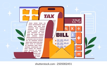 Overdue bills concept. Large tax document on computer screen. Financial difficulties and problems. Budgeting and accounting. Credit and loan. Flat vector illustration isolated on blue background