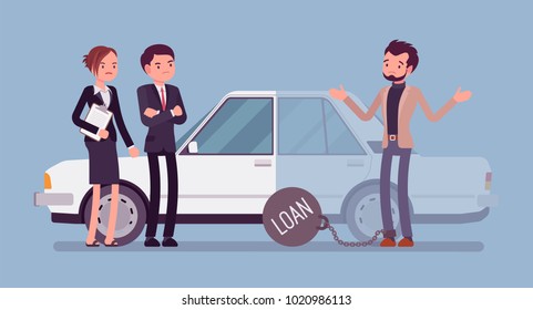 Overdue Car Loan. Unhappy Customer And Agents, Borrowed Money Unlikely To Be Paid Back, Heavy Load To Carry A Credit, Problem And Burden Of Financial Crisis. Vector Flat Style Cartoon Illustration