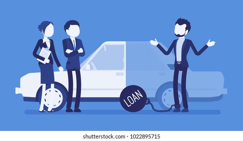 Overdue Car Loan. Unhappy Customer And Agents, Borrowed Money Unlikely To Be Paid, Heavy Load To Carry A Credit, Problem And Burden Of Financial Crisis. Vector Illustration With Faceless Characters