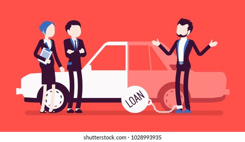 Overdue Car Loan. Unhappy Customer And Agents, Borrowed Money Unlikely To Be Paid, Heavy Load To Carry A Credit, Problem And Burden Of Financial Crisis. Vector Illustration With Faceless Characters