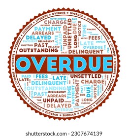 Overdue concept with word clouds and round text. Nice colors and grunge texture. Classy vector illustration.