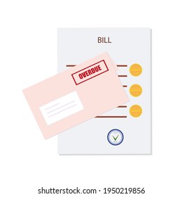 Overdue, Unpaid Or Past Due Bill. An Expense Document With A Delay Payment And Envelope. Debt Or Past Purchase Notice.Financial Data And Red Stamp. Vector