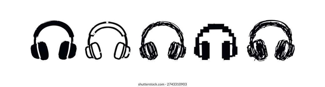 Over-Ear Headphone Icons Set: Hand-Drawn, Pixel Art, and Outline Styles for Audio Concepts