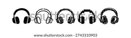 Over-Ear Headphone Icons Set: Hand-Drawn, Pixel Art, and Outline Styles for Audio Concepts