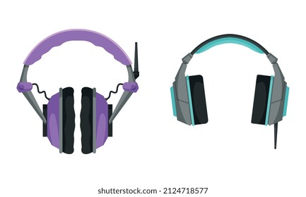 Over-ear Headphones or Earphones as Pair of Loudspeaker Drivers with Cord Vector Set