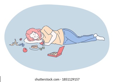 Overeat, relax with snacks, stress, sweets concept. Young smiling girl cartoon character lying on floor and eating various snacks, sweets and fruits to get rid of stress. Diet, unhealthy eating