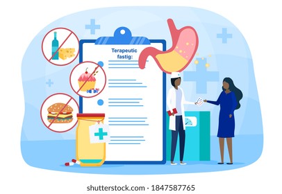 Overeating abstract concept. A plump girl is talking to a doctor against the background of a list of medical prescriptions. Flat wind cartoon illustration with fictional characters.