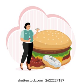 Overeating addiction concept. Fat woman eating burger and holding various fast food in her hand.
