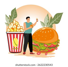 Overeating addiction. Man enjoying popcorn and a large burger, conveying themes of indulgence and fun food moments.