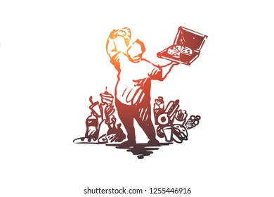 Overeating, fast food, obesity vector concept. Fat man surrounded by fast food items eating pizza from pack. Hand drawn sketch isolated illustration