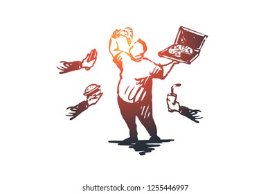 Overeating, fast food, obesity vector concept. Fat man surrounded by fast food items eating pizza from pack. Hand drawn sketch isolated illustration