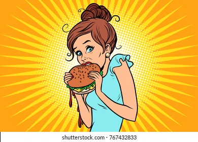 Overeating fast food. Woman secretly eating a Burger. Comic book cartoon pop art retro color illustration drawing