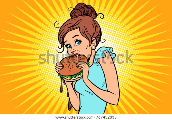 食べ過ぎです 女性はこっそりハンバーガーを食べている レトロなカラーイラストを描いた漫画本のポップアート のベクター画像素材 ロイヤリティフリー 767432833