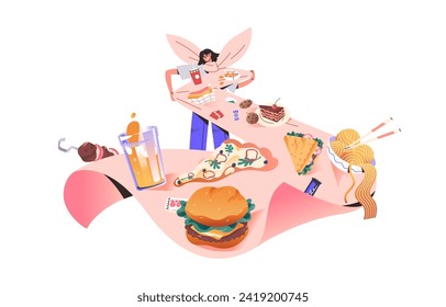 Overeating, gluttony concept. Girl obsession of consume lots of unhealthy fast food. Binge eating. Psychological disorder, nutrition problems. Flat isolated vector illustration on white background