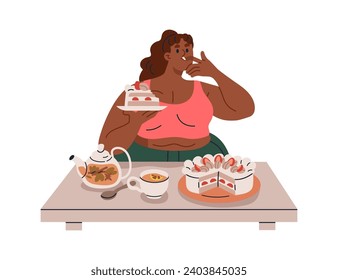 Overeating and gluttony. Fat chunky woman eating sweet cake, sugar food, confectionery. Chubby character with pastry, patisserie. Flat graphic vector illustration isolated on white background