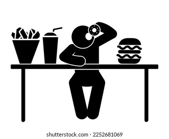 ilustración de un exceso de comida, una persona come mucha comida chatarra, un ícono de comida rápida, una silueta humana se sienta en una mesa de comedor en un restaurante