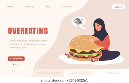 Overeating landing page template. Sad arabian woman hugging huge hamburger and worries about being overweight. Bulimia or anorexia. Food addiction concept. Vector illustration in flat cartoon style.