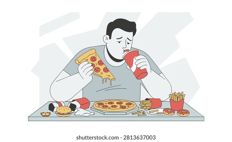 Overeating man stuffing himself with pizza and soda at a table cluttered with various junk food like burgers and fries.