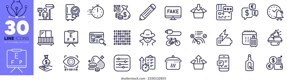 Overeating pills, Balcony and Smartphone notification line icons pack. Filter, Fraud, Artificial intelligence web icon. Painter, Electric bike, Pencil pictogram. Boiling pan, Income moneyCard. Vector