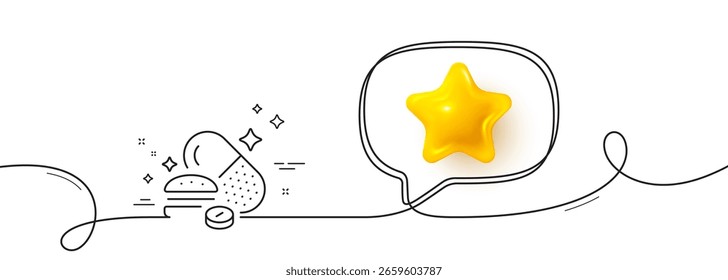 Icono de línea de píldoras de comer en exceso. Línea continua con estrella 3D. Signo de la cápsula de digestión de alimentos. Símbolo de nutrición poco saludable. Estrella 3D en la burbuja del discurso. Píldoras de comer en exceso de una sola línea de cinta. Vector