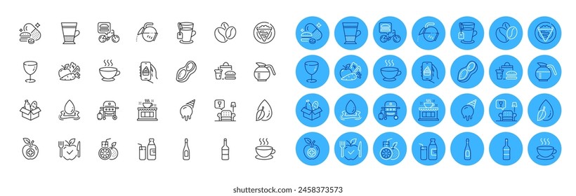 Overeating pills, Vegetables and Ice cream line icons pack. Crepe, Peanut, Food donation web icon. Fast food, Double latte, Coffeepot pictogram. Champagne, Coffee pot, Milk. Coffee shop. Vector