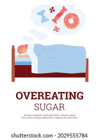 Overeating sugar banner or poster template with woman seeing sweets in her night dreams, flat vector illustration. Sugar and glucose addiction problem.