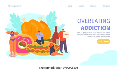 Overeating unhealthy addiction, landing page vector illustration. Man woman people eat cartoon food, eating junk fastfood, web banner concept.