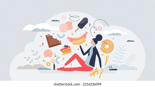 Overeating and unhealthy lifestyle with sweets eating tiny person concept. Overweight illness and female with big belly, diabetes and high BMI vector illustration. Obesity problem because of junk food