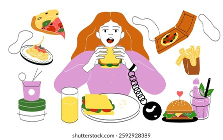 Overeating woman concept. Young girl near sandwiches, hamburgers and pizza slices. Takeaway eating and fast food. Unhealthy living and eating. Linear vector illustration