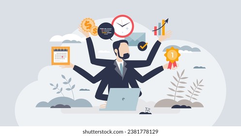 Overemployment as multiple jobs and overworked struggle tiny person concept. Stress from unhealthy balance and time management vector illustration. Workaholic pressure and burnout from multitasking.