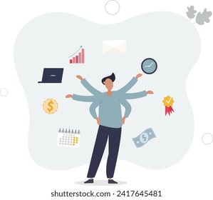 Overemployment as multiple jobs and overworked struggle .Stress from unhealthy balance and time management.flat vector illustration.