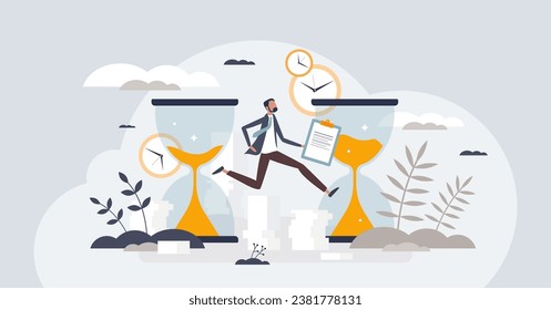 Sobreempleo y manejo del tiempo estresante para el concepto de persona diminuta de trabajo. Lucha poco saludable sobre tareas de papeleo e ilustración vectorial de estrés laboral. Empresario holístico con multitarea diaria.