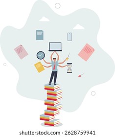 Trabalho em excesso e luta sobre horário ocupado. Trabalho em excesso viciado com multitarefa estressante . vida de caráter .