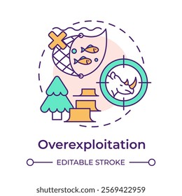 Overexploitation multi color concept icon. Biodiversity loss cause. Unsustainable use of natural resources. Round shape line illustration. Abstract idea. Graphic design. Easy to use in article