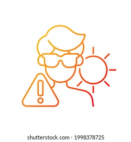 Sobreexposición al icono del vector lineal del gradiente solar. Persona con gafas de sol en la playa arriesgando la insolación. El peligro de calor veraniego. Símbolos de color de línea delgada. Pictograma de estilo moderno. Dibujo de contorno aislado del vector