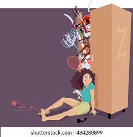 Overfilled closet bursting with different things, woman trying to hold the doors closed, EPS 8 vector illustration, no transparencies, copy space left