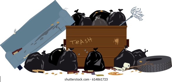 Overfilled dumpster with garbage bags, tire and old couch, EPS 8 vector illustration