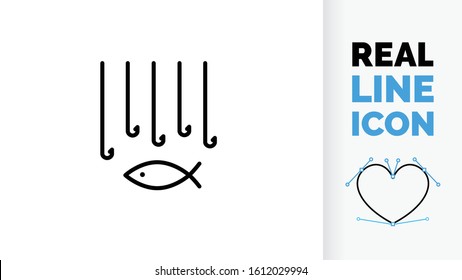 Overfishing visualised by many hooks and a fish in the water in a real line icon file so you can edit the stroke weight