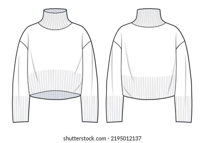 Overfit Roll Neck Sweater, technical fashion illustration. Cropped Sweater fashion technical drawing template, roll neck, long sleeve, front and back view, white, women, men, unisex CAD mock-up.