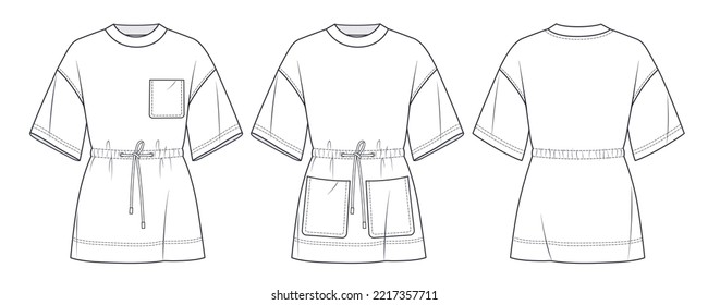 Overfit Tee Shirt Fashion Flat Tehnical Drawing Template. Women's T-Shirt Technical Fashion Illustration, Pocket, Tie Belt, Front, Back View, White Color, CAD Mockup Set.