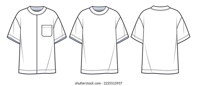 Overfit Tee Shirt technical fashion illustration. T-Shirt  fashion flat tehnical drawing template, pocket, front and back view, white color, women, men, unisex CAD mockup set.