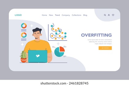 Overfitting in data analysis concept. Young analyst observes intricate graph patterns, highlighting potential pitfalls in model training. Avoidance of bias. Flat vector illustration.