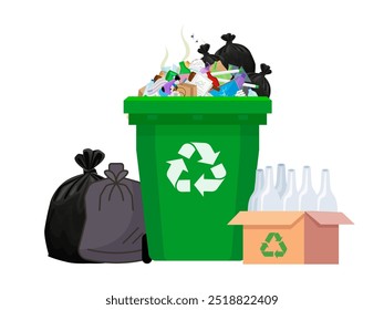 Overflow recycling bin with trash, black plastic trash bag, box with bottles of glass. Full waste bin. Green recycle bin. Street dump pollution, trash bin. Vector illustration