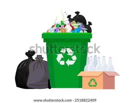 Overflow recycling bin with trash, black plastic trash bag, box with bottles of glass. Full waste bin. Green recycle bin. Street dump pollution, trash bin. Vector illustration
