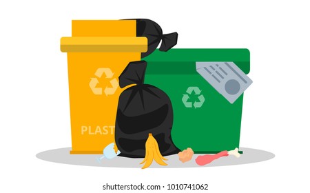 Overflowed garbage cans. Garbage on the ground. Dump. Concept of environmental pollution. Tank for plastic and mixed waste. Waste processing. Trash bags. Garbage recycling and utilization equipment.