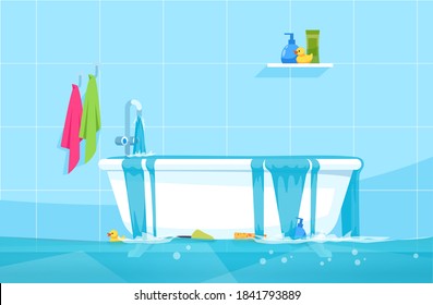 Overflowing bath semi flat vector illustration. Floating bathroom accessories and gels. Water leak. Bathroom flood. Common household accidents 2D chartoon scene for commercial use
