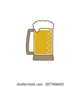 Overflowing beer stein with light yellow beer. Wooden or clay beer mug. Editable isolated vector illustration, icon and clipart on white background.