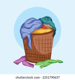 Overflowing clothes in laundry basket vector illustration isolated on plain light blue background. House work chores themed drawing with cartoon flat art colored style.