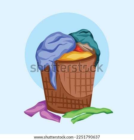Overflowing clothes in laundry basket vector illustration isolated on plain light blue background. House work chores themed drawing with cartoon flat art colored style.